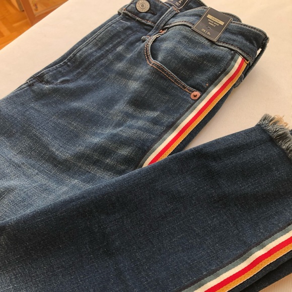 Dark Wash Skinny Jeans with Rainbow Detailing and Distressed Bottoms - Picture 3 of 4